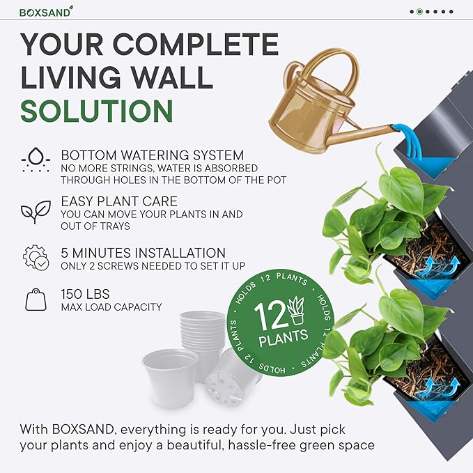 BOXSAND-12 Vertical Wall Planter (24"x26", Black with Black Pots) – Living Wall for 12 Plants, Indoor/Outdoor Vertical Garden System, Easy 2-Screw Install
