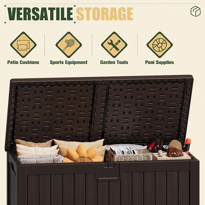 JUMMICO 250 Gallon Outdoor Resin Deck Box with Divider, Waterproof Storage Box with Lockable Lid&Side Handles for Garden Tools, Pools Supplies (Brown)