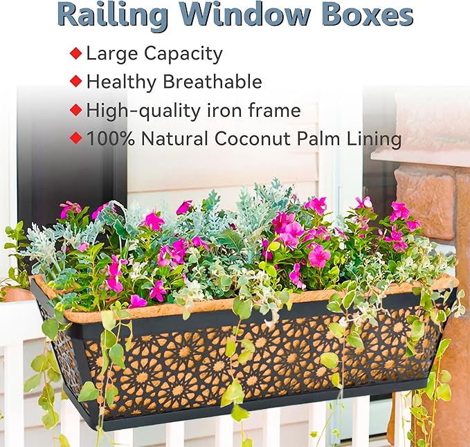 EIMQUVW 2 Pack 24" Railing Planter Window Box Deck Balcony Rail Planter Black Metal Flower Basket Horse Trough Planters with Coco Fiber Liner for Porch Fence Patio Outdoor