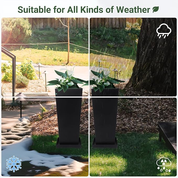 20" Metal Tall Outdoor Planters Set of 2, Durable & Wealtherproof | Tall Planters with Drainage Insert Shelve & Trays, Black Outdoor Planters for Porch, Garden, Yard
