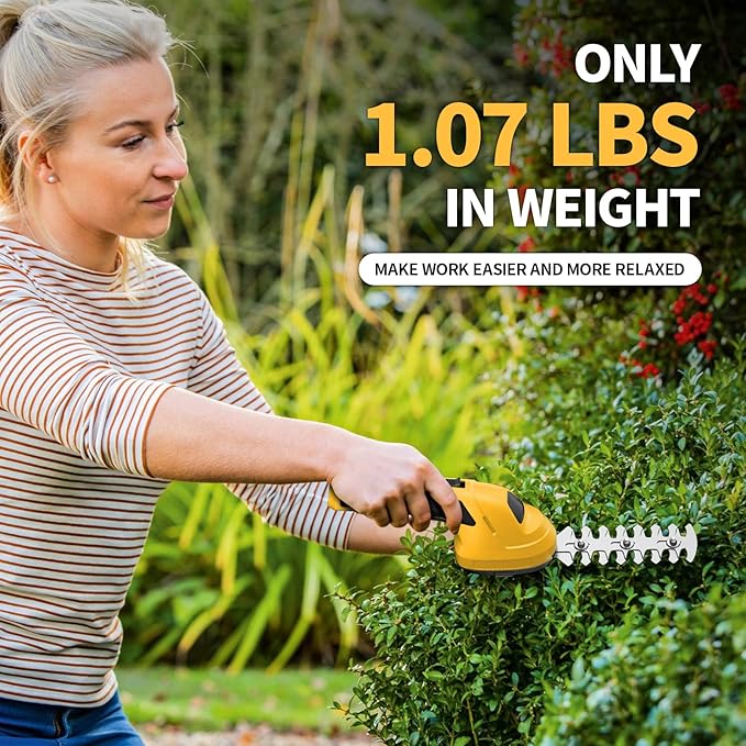 FULLYEA Cordless Grass Shear Hedge Trimmer, 2 in 1 Lightweight Electric Grass Trimmers, 2.0Ah Battery, Type-C Cable Included, Handheld Shrub Trimmer Grass Cutter for Garden(Yellow)