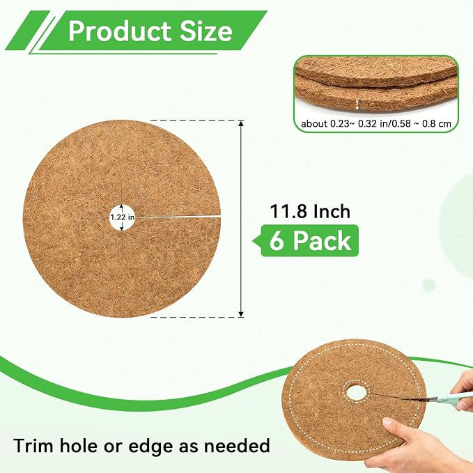 ZeeDix 6 Pack Coconut Fiber Mulch Ring, 11.8 Inch Coco Coir Tree Ring Mulch Mat, 100% Natural Tree Protector Mat Plant Cover Ring Coconut Coir Discs Tree Mats Mulch Rings for Indoor Outdoor Plants