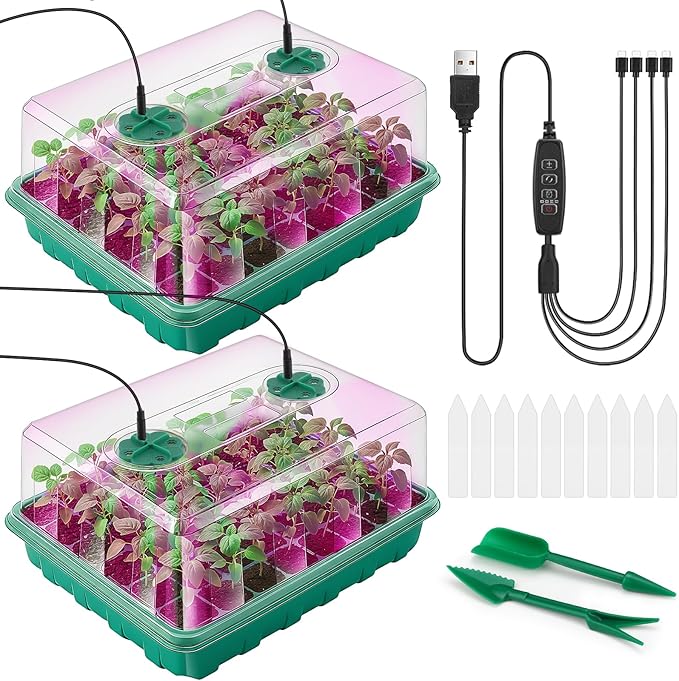 Hanaoyo 96 Cells Seed Starter Tray with Lights, 2 Packs Seed Starter Kit with Humidity Vented Domes and High Lid, Adjustable Brightness Germination Kit for Indoor Greenhouse Seed Starter