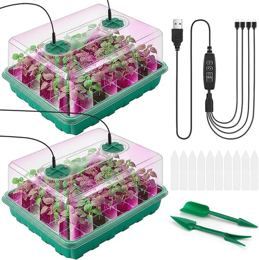 Hanaoyo 96 Cells Seed Starter Tray with Lights, 2 Packs Seed Starter Kit with Humidity Vented Domes and High Lid, Adjustable Brightness Germination Kit for Indoor Greenhouse Seed Starter