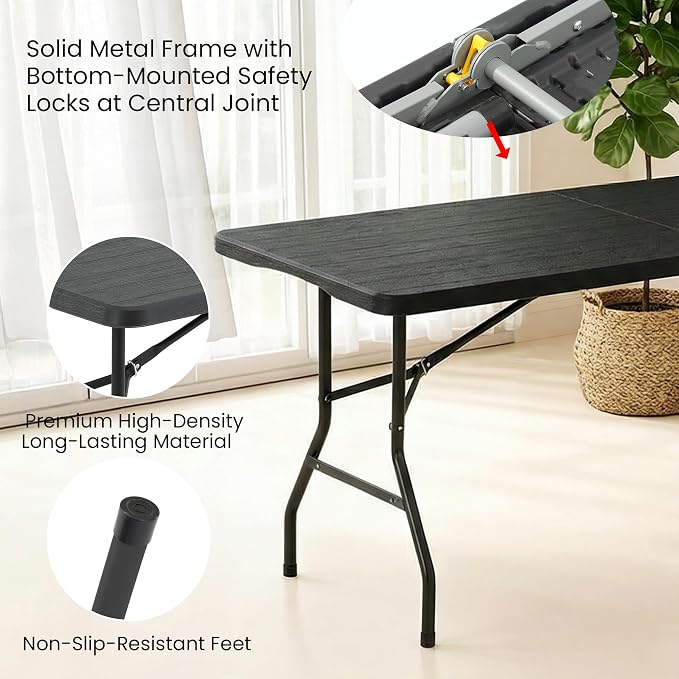 5 Pack of 6 Foot Foldable Table with Built in Handle & Steel Legs, 6FT Portable Heavy Duty Plastic Folding Tables for Parties, Dining, Wedding, Events, Picnic, Indoor & Outdoor, Camping, Utility