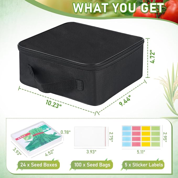 24 Slots Seed Storage Organizer Box with Dual Zipper Bag, 100 Pcs Seed Sealed Bag and 80 Pcs Label Stickers,Seed Storage Container for Garden Vegetable Flower Plants Seeds Saving