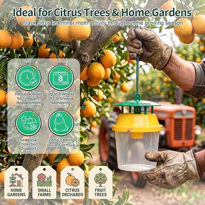 6 Pcs Reusable Leafminer Trap with Pheromone Lures, Bucket Style Insect Trap with 36.2'' Ground Stake, Outdoor Monitoring Tools for Citrus Trees Garden Orchard (2 Lures Included)
