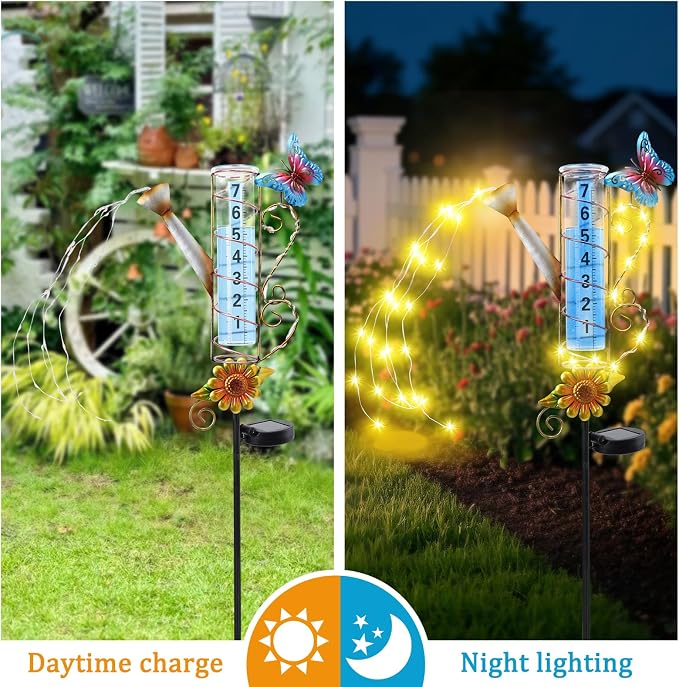 WONDER GARDEN Solar Rain Gauge Outdoor, Kettle Decorative Rain Gauges Outdoors Best Rated with Stream-Like LED Lights, Freeze Proof Water Rain Measure Gauge for Yard Patio Lawn Decor