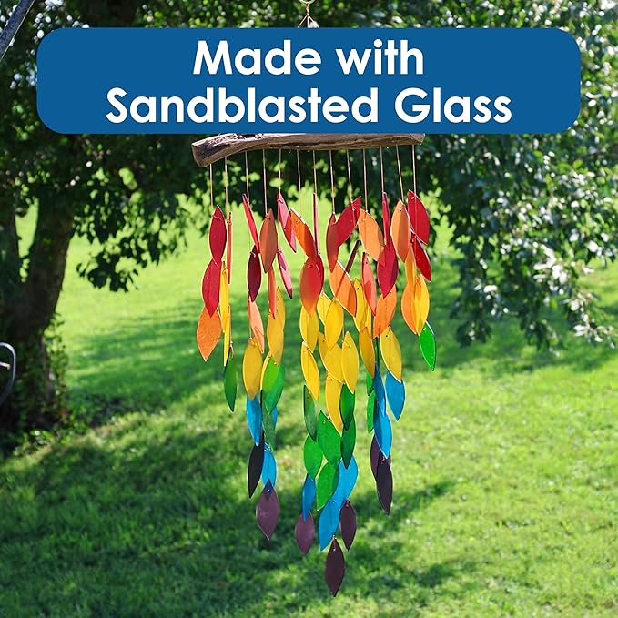 Blue Handworks Deluxe Rainbow Waterfall & Driftwood Chime, Sandblasted Glass and Found Wood Handcrafted Wind Chime