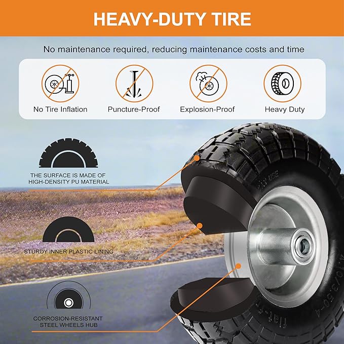 4.10/3.50-4 Tire and Dolly Wheel Flat Free - Solid Rubber Hand Truck Wheels 5/8" Axle - Gorilla Cart Tires Replacement for Garden, Wagon, Yard and Wheelbarrow (10 Inch 2 Pack)