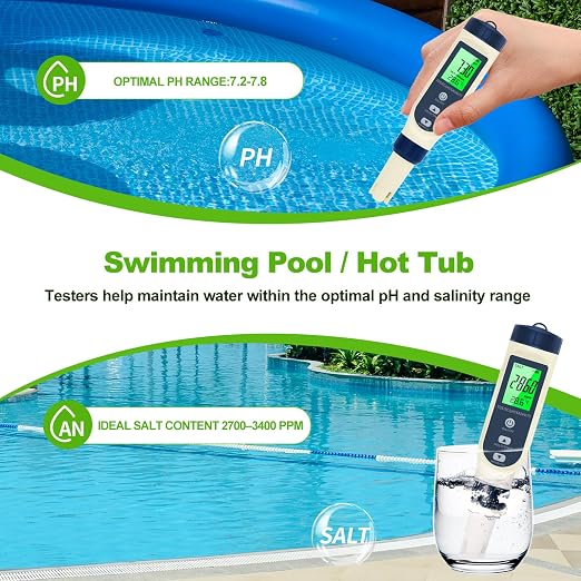 Pious PH Tester Digital, 5 in 1 PH Meter for Water/Salinity Meter/tds/ec/Thermometer, Pool Salt Tester with Constant Temperature Compensation, Suitable for Drinking Water Swimming Pools Aquariums