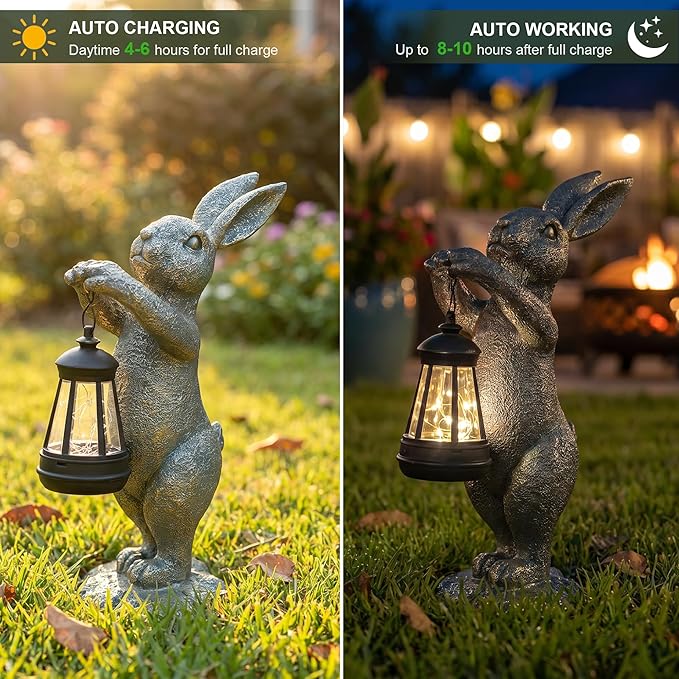 C&Y&G&X Garden Statue Rabbit with Solar Lantern - Outdoor Bunny Figurine Decor with LED Lights, Weather-Resistant Resin Animal Yard Art Sculpture for Patio, Lawn, Pathway, and Housewarming Gift