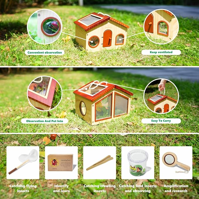 SimpliPlay Kids Explorer Kit & Bug Catcher for Kids, Outdoor Toys with Large Portable Wooden Bug Habitat, Butterfly Net, Magnifier, Observation Cup, 15 Insect Cards for Toddler 3-8 Year Old Boy Gift