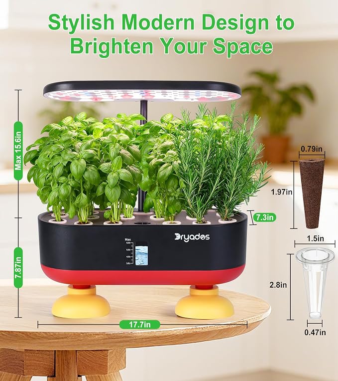16 Pods Hydroponic Growing System, Indoor Garden with 24W Full-Spectrum LED, Smart Quiet Auto-Watering Herb Planter, Classic Red-Black Gift Design for Home, Office & Holiday