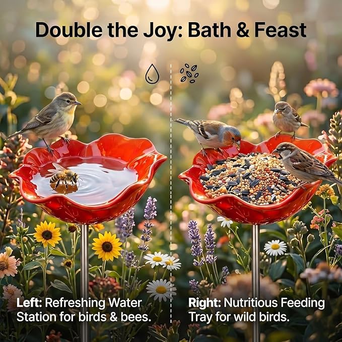 Handmade Metal Flower Garden Stake, Bird Bath for Outside Garden Patio Yard Lawn Decor, Hummingbird Fountain Butterfly Bee Water Feeder, Decorative Yard Art Ornament Gift