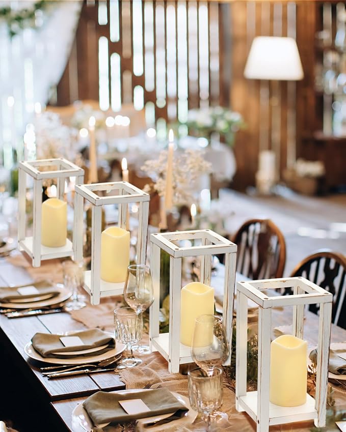 Huquary 16 Pcs Wooden Wedding Lantern Centerpiece Includes 8 Rustic Wooden Lantern Centerpiece and 8 Flameless Candle Holder for Farmhouse Rustic Table Decorations Party Gift(White)
