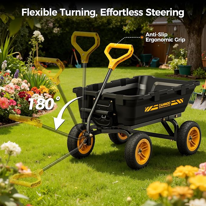 CAMMOO 10in NO-FLAT TIRES 900lb Heavy-Duty Garden Dump Cart DIY Expandable Capacity Over 4 Cu.Ft. Utility Wagon with Quick-Release Dumping & Prime Grade 100% Virgin Polypropylene-Not Recycled Material