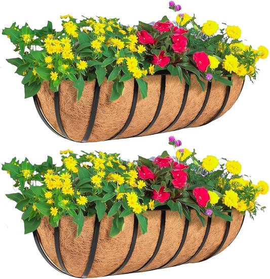 2 Pack 36" Railing Planter Window Box with Coco Fiber Liner Horse Trough Planter The Railing Planter Boxes for Deck Porch Fence Outdoor
