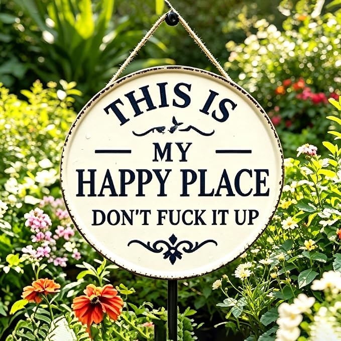 Funny Garden Metal Sign -"This Is My Happy Place Don't F*ck It Up Farmhouse Outdoor Art, Vintage Decor, Welcome Round Sign for Home Garden Farm Bar or Coffee Wall Decor (7.9 * 7.9in)