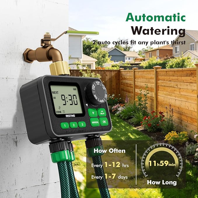 RESTMO Sprinkler Timer for Outdoor Hose Faucet 3 Zone, Up to 11h59m Programmable Watering Timer for Soaker Hose, Misting with Brass Inlet & Large Dial, Rain Delay/Manual/Automatic Irrigation System