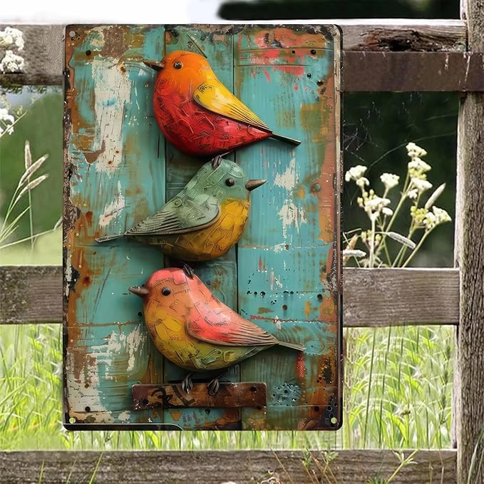 Vintage Cute Birds Metal Sign Retro Bird Tin Plate Wall Decor Rustic Tin Painting for Home Bedrooms Yard Bars Pubs Gardens Patios Porches 8x12 Inch （Non-3D Printing）