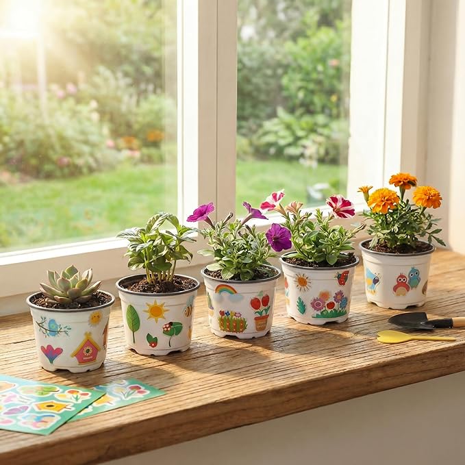 100 Sets Garden Pot Craft Kit, Flower Plant Spring Craft Including Plastic Nursery Plant Pots Labels Tags Stickers for DIY Flower Planting Growing Birthday Arts Kit (Simple)