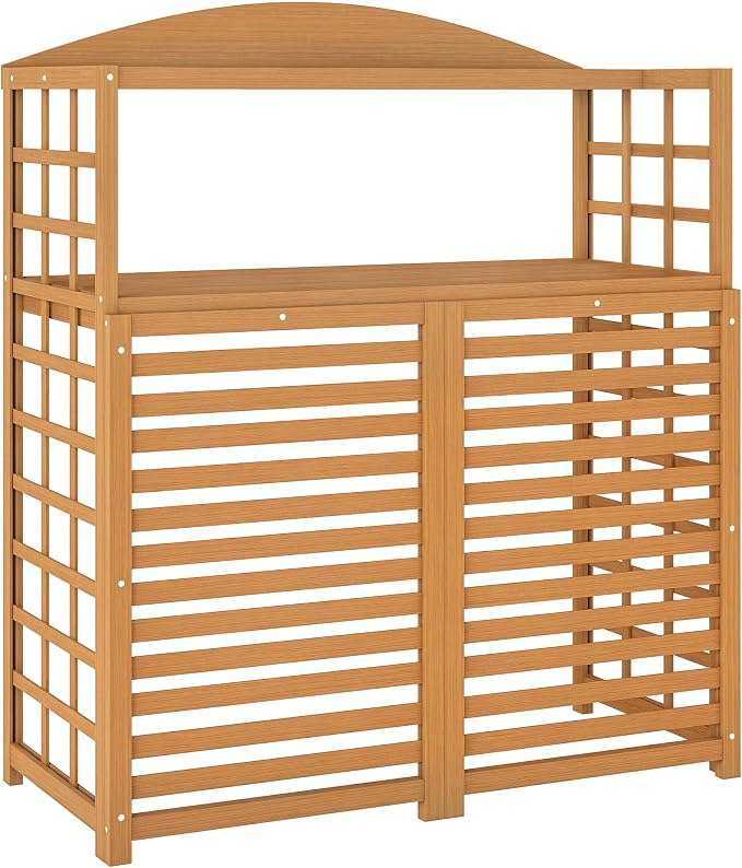 Outsunny Outdoor Air Conditioner Fence with Open Shelves, Wood Outdoor Privacy Screen Potting Table, Pool Equipment Enclosure for Patio, Slatted AC Fence for Outside Unit, Light Brown