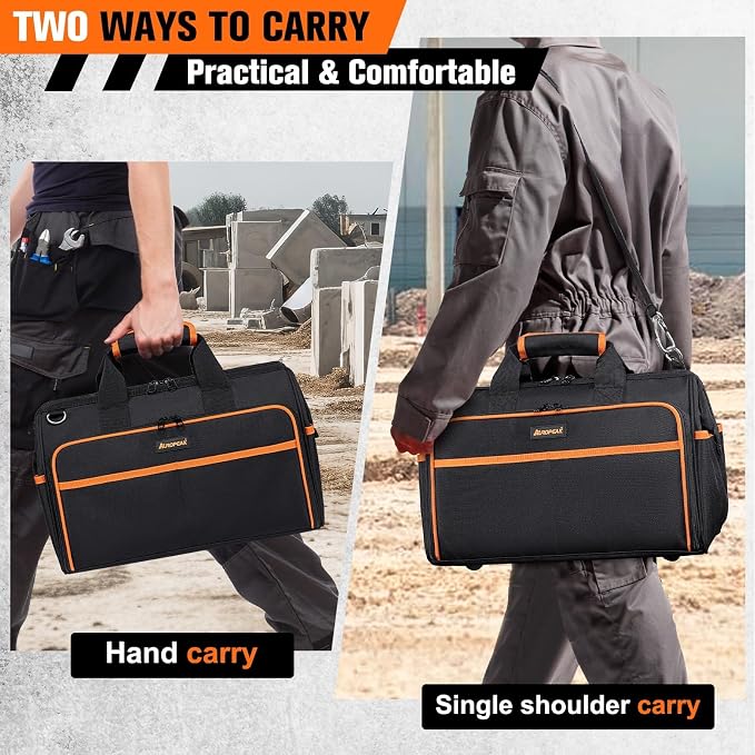 AUROPEAK Heavy Duty Tool Bag 17.3-Inch, 26-Pocket Large Organizer for Men Women with Adjustable Shoulder Strap, Waterproof, Foldable for HVAC Electricians Mechanics Craftsman Contractor
