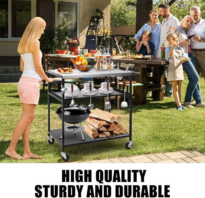 Outdoor Pizza Oven Table, Outdoor Grill Table with Waterproof Cover, Movable Dining Cart Tables with Wheels, Kitchen Cooking Prep Tables BBQ Cart for Home Party, Bar,Camping