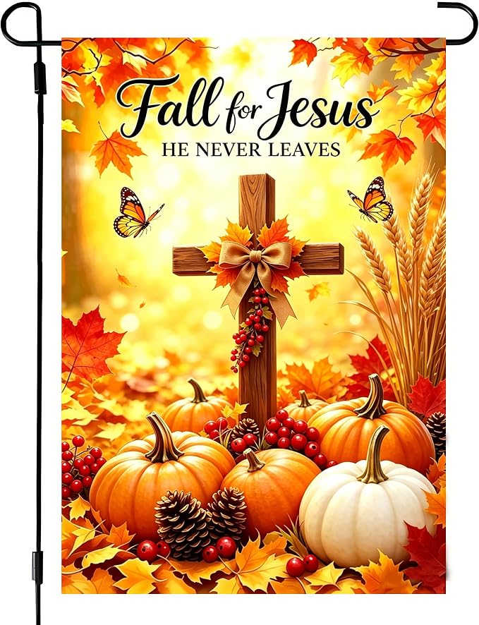 Fall Pumpkin Cross Garden Yard Flags 12x18 Double Sided Outside | Holiday Thanksgiving Fall for Jesus He Never Leaves Pumpkin Cross Outdoor Yard Decoration, Autumn Farm Porch Garden Decor