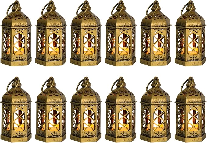 12-Pack Mini Gold Lanterns with Flickering LED Candles for Ramadan, Small Decorative Hanging Lanterns for Halloween, Christmas, Wedding, Lantern for Table Centerpiece, Garden Party Decor