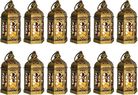 12-Pack Mini Gold Lanterns with Flickering LED Candles for Ramadan, Small Decorative Hanging Lanterns for Halloween, Christmas, Wedding, Lantern for Table Centerpiece, Garden Party Decor