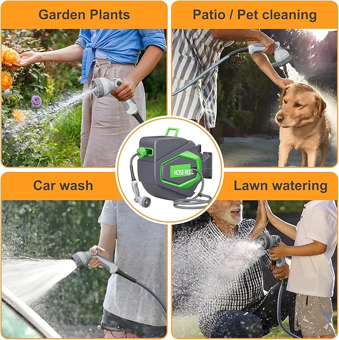 Retractable Garden Hose Reel, 1/2 in x 100 ft Wall Mounted Auto Rewind Hose Reel & Lock Any Length, 180° Swivel Bracket, Slow Return System, Brass Connector for Garden Watering, Car Washing