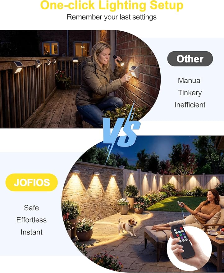 JOFIOS Fence Lights Solar Powered with Remote, 9 Fixed Colors ＆ Color Changing White Fence Lights Waterproof IP65 Dusk-to-Dawn LED Deck Lighting for Patio, Railing, Pool, Porch, Backyard, 12 Pack