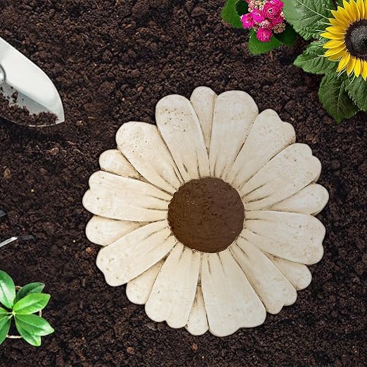 2 Pack Daisy Cement Stepping Stones 10 Inch, Heavy Duty Garden Pathway Stones, Non Slip Outdoor Walkway Decor for Yard Patio Lawn, Weather Resistant Cement Stepping Stones (White)