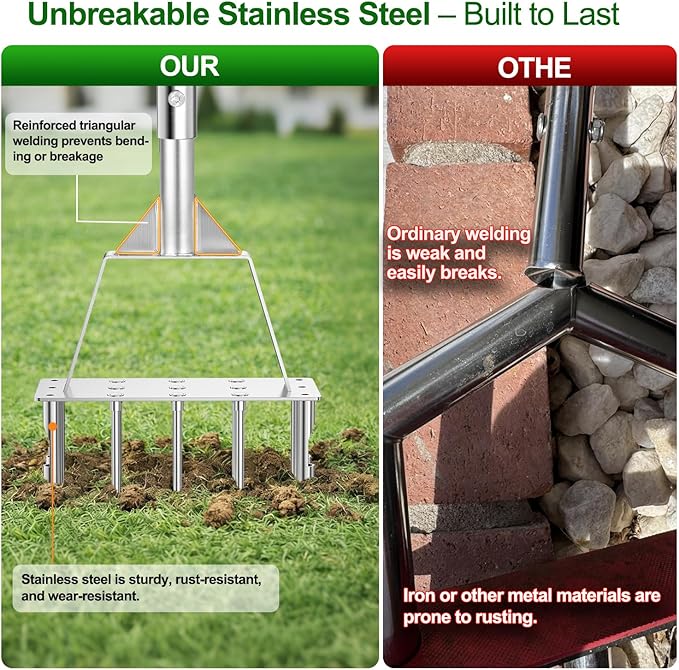 2 in 1 Lawn Aerator & Core Aerator Tool, Stainless Steel Spike Manual Dethatching & Soil Aerator Lawn Tool with 9 Spikes & 6 Cores, Semi-Assembled Grass Aerator for Lawn, Yard Plug Aerator