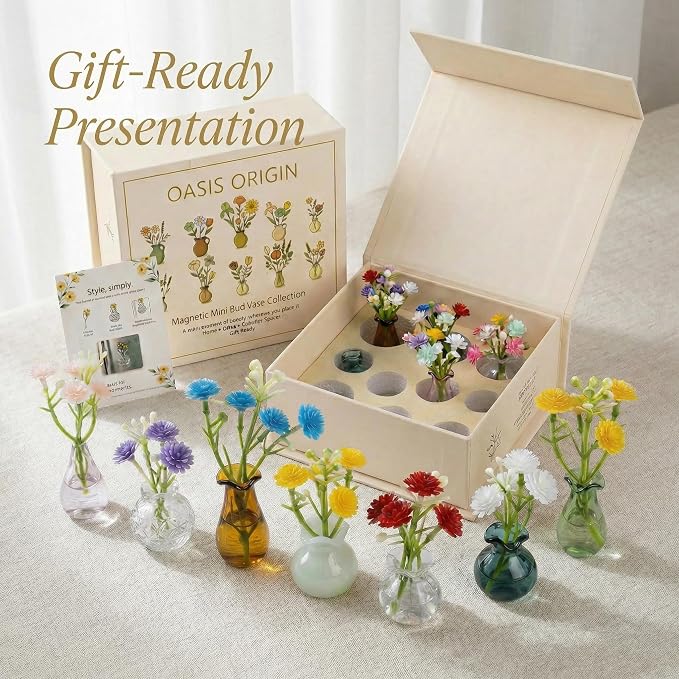 10-Pack Magnetic Mini Glass Vases Set with 30+ Flowers - Strong Magnet Decor for Fridge, Locker and Office - Small for Mom and Women