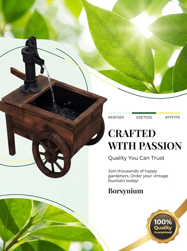 Carbonized Wood Outdoor Freestanding Fountain - Movable Vintage Hand Pump Cart, Plug-in Water Pump Electric Decorative Water Feature for Patio, Garden & Indoor Decoration