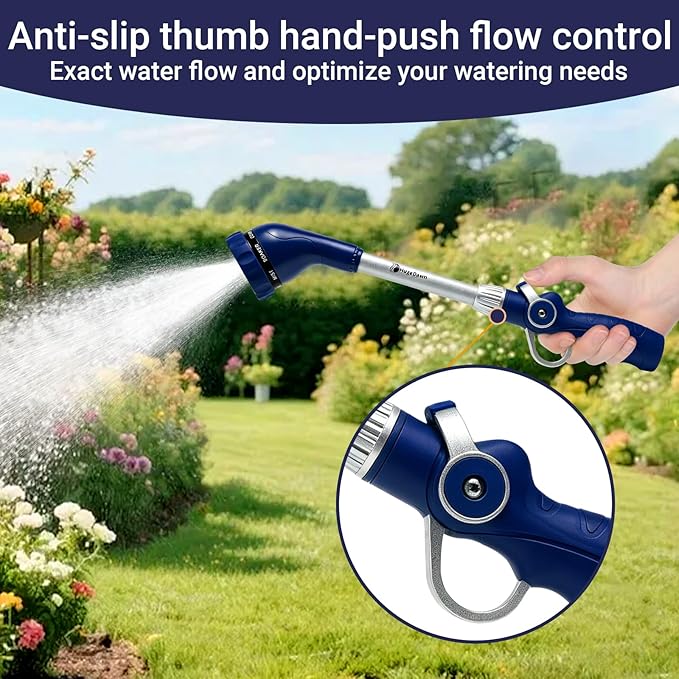 HugeDawn Garden Hose Wand, 16-Inch Heavy Duty Zinc Alloy & Aluminum Watering Wand with 8 Spray Patterns Thumb Control for Hanging Baskets, Garden, Cleaning (Blue)