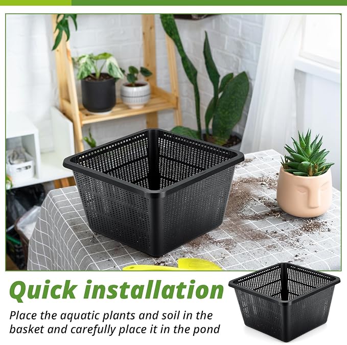 4 Pcs Aquatic Plant Baskets for Hydroponics Water Garden Plant Pots Black Plastic Mesh Basket 9 x 9 x 5.2 Inch Square Pond Containers for Island Live Aquarium Botany Flowers