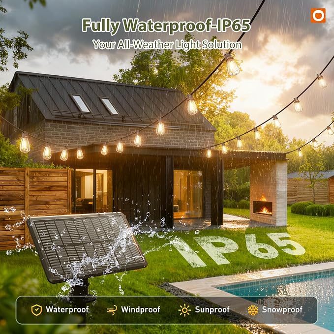 addlon 33(27+6) FT Solar String Lights Waterproof,Patio Light Solar Powered with Remote& USB Port 9+1 LED Shatterproof Bulbs 3 Lighting Modes Outdoor for Camping Backyard Garden