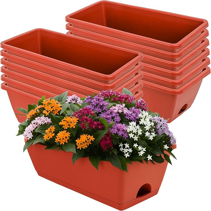 LOCONHA Window Box Planter, Plastic Vegetable Flower Planters Boxes 17 Inches Rectangular Flower Pots with Saucers for Indoor Outdoor Garden, Patio, Home Decor (12, Brick Red)