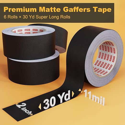 6 Pack Black Gaffers Tapes 2 Inch x 30 Yards x 11 Mil - Pro Black Gaff Tape - Waterproof, No Residue, Non-Reflective, Easy Tear - Photography, Filming Backdrop, Stage, Production (180 Yards in Tatal)