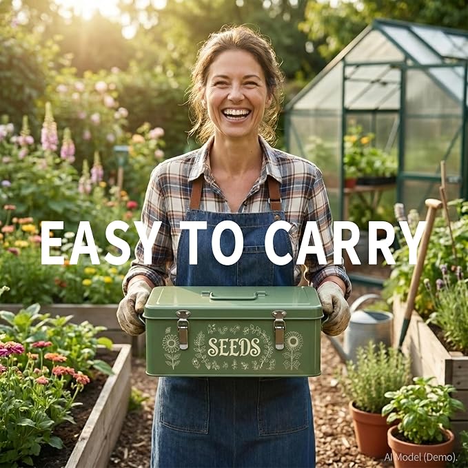 Seed Storage Organizer Box, 4 Compartment Locking Metal Case | Heirloom seed bank organizer provides professional greenhouse storage for master gardeners to secure valuable vegetable packs