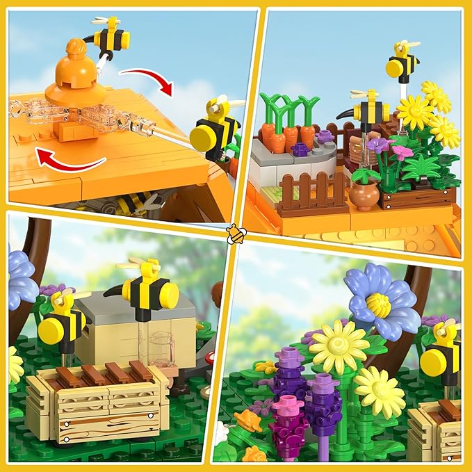 INSOON Bee Farm House Building Set with Light, 1773PCS Honey Cabin Building Block Toy with Flower Botanical Animals, Home Decor Treehouse Construction Model Kit, Gift for for Adults Boys Girls 12+