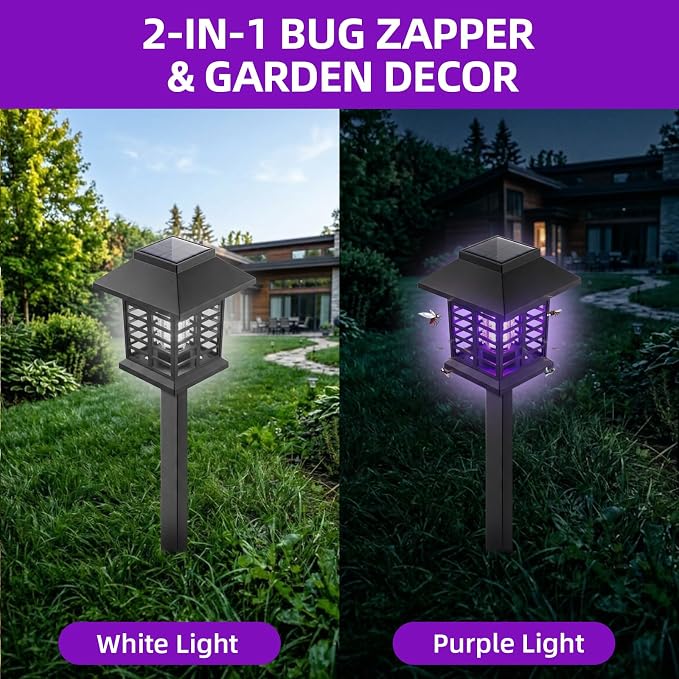 2026 Solar Bug Zapper Outdoor Waterproof Mosquito Repellent Outdoor Patio Mosquito Trap & Killer for Garden, Backyard, Farm, Solar Powered Fly Zapper for Small Flying Insect, Flies, Gnats, Moths(4)