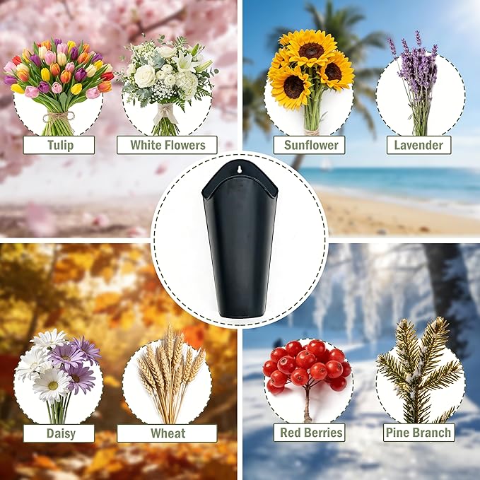 12 Inches Galvanized Wall Planters, Set of 2 - Black Metal Hanging Flower Buckets for Farmhouse Decor, Tall Tin Vases for Dried Flowers & Greenery, Indoor Outdoor Country Decor