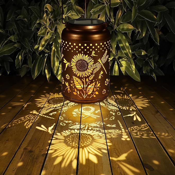 2 Pack Solar Lanterns Outdoor Waterproof, Dragonflies Garden Decor Gifts for Women Mom Grandma Hanging Solar Lights Metal Decoration Outside for Yard, Pati(Sunflowers)