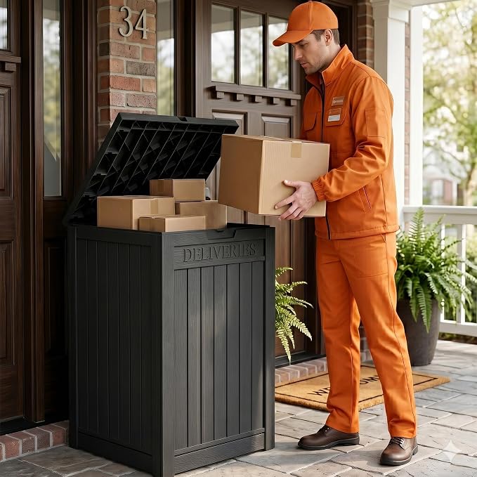 Outdoor Storage Box, 65 Gallon Package Delivery Boxes for Outside, with Lockable Secure, Deck Box Outdoor Waterproof for Entryway, Front Porch, Backyard, Garden, Patio, Lawn, Black
