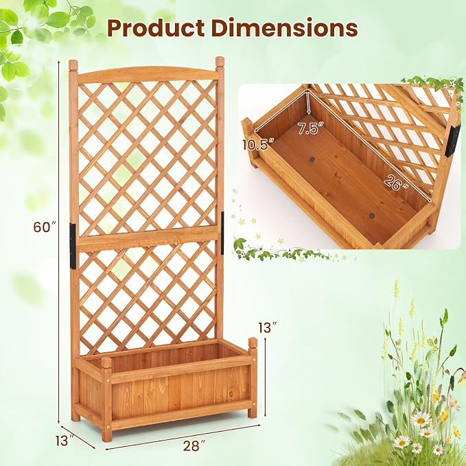 Giantex Raised Garden Bed with Trellis, 60" Wooden Planter Container with Drainage Holes, High Trellis for Plant Flower Climbing Pot Hanging, Indoor & Outdoor Planter Box for Yard Garden Balcony